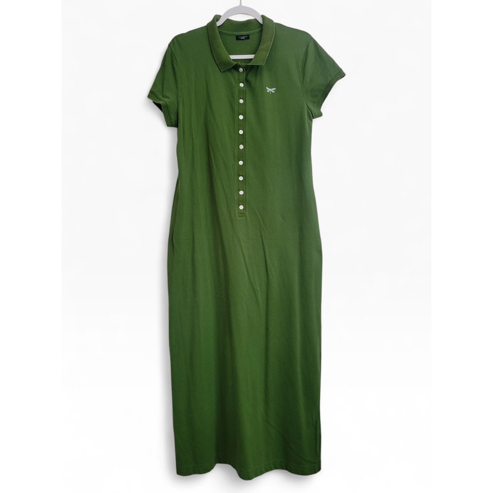 Talbots Green Midi Polo Dress Short Sleeve Collared Dragonfly Embroidery Medium